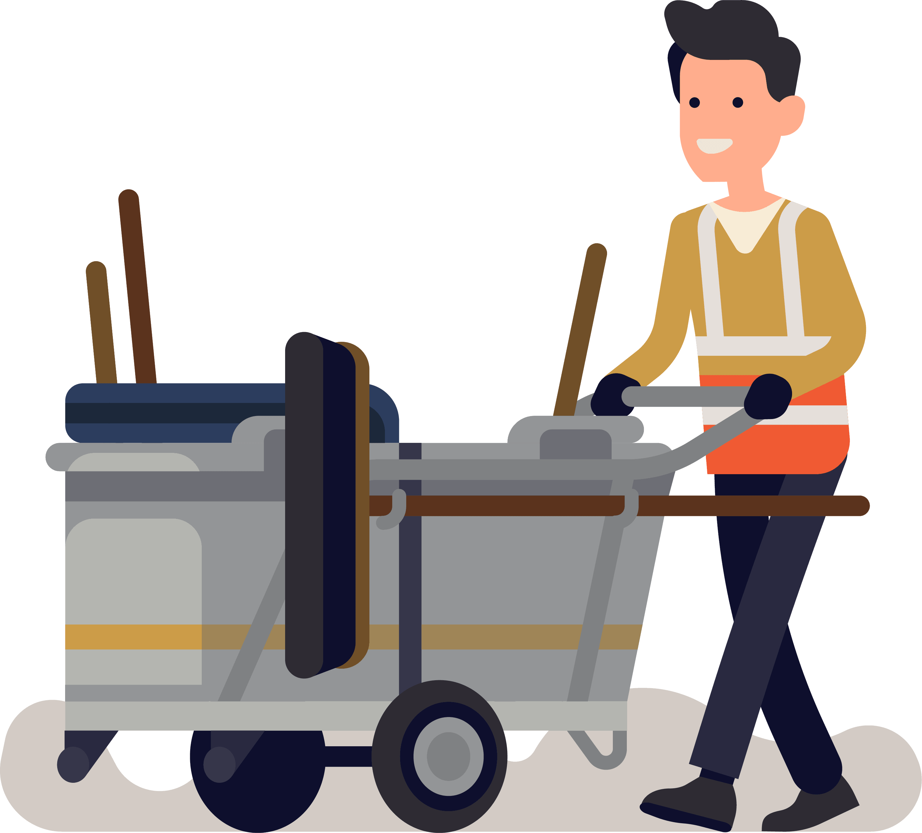 Illustration of a male custodian with a mop cart