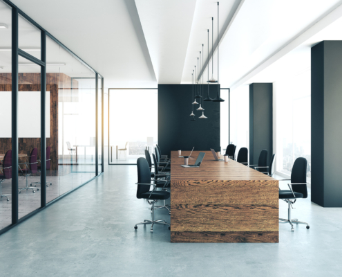 Modern conference room with equipment and city view