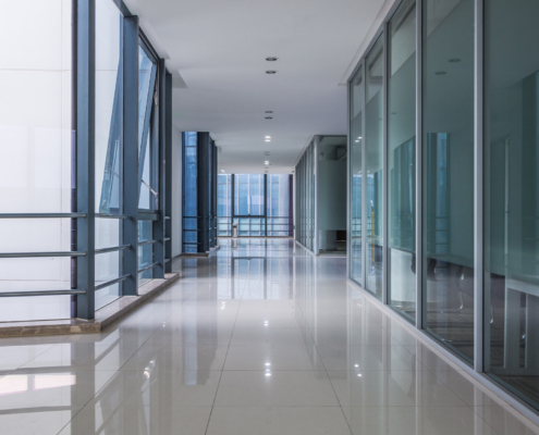 Front view of clean modern office hallway