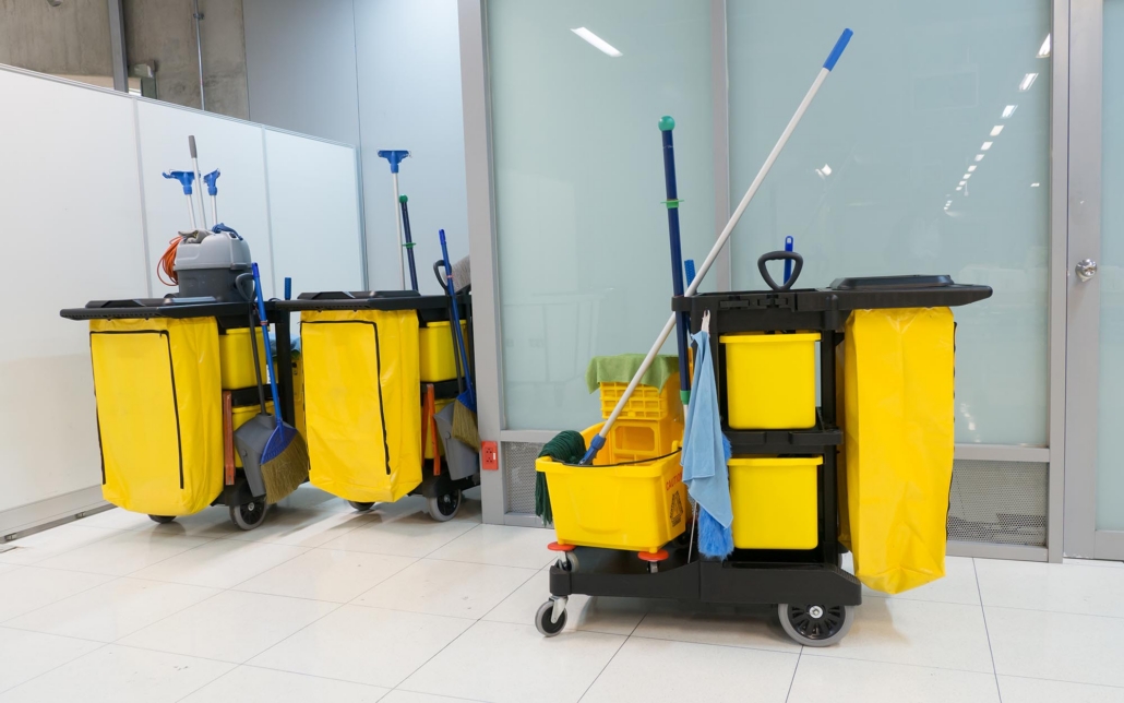 View Of Various Cleaning Supply Carts