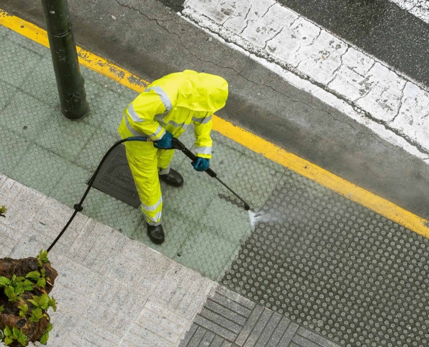 Imgi 20 Aerial View Of A Man In Yellow Reflective Gear Pressure Washing A Sidewalk